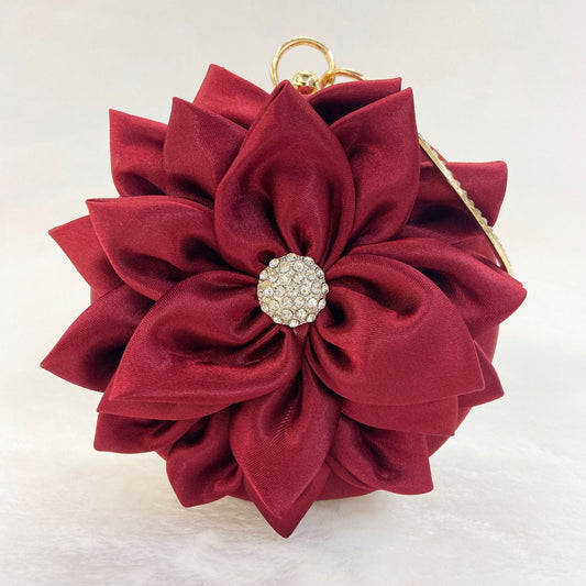M / Red Fashion Flower Dinner Fashion Silk Round Dress Wedding Bridal Party Clutch Evening Bags
