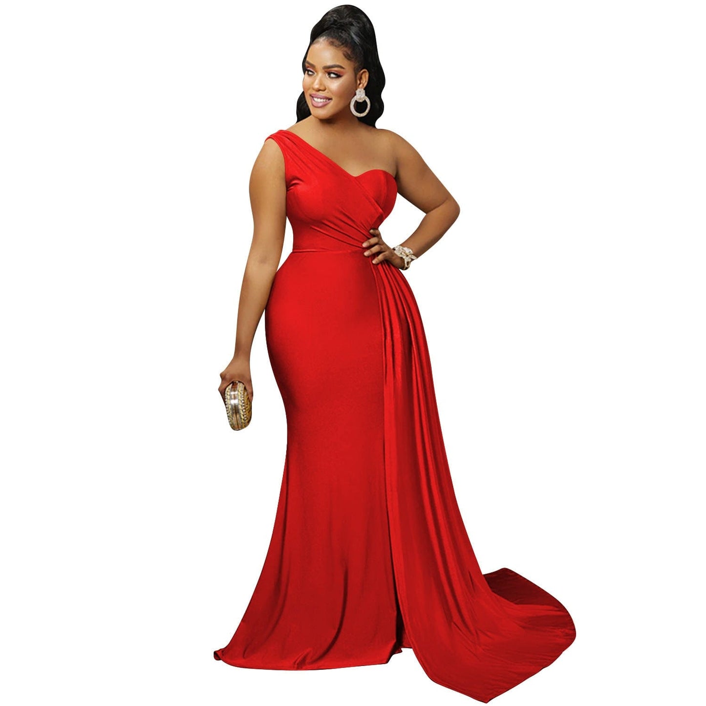 M / Red Fashion Solid Bridesmaid Dresses One Shoulder Sleeve Ladies Elegant Wedding Party Skinny Long Prom Evening Dress Women