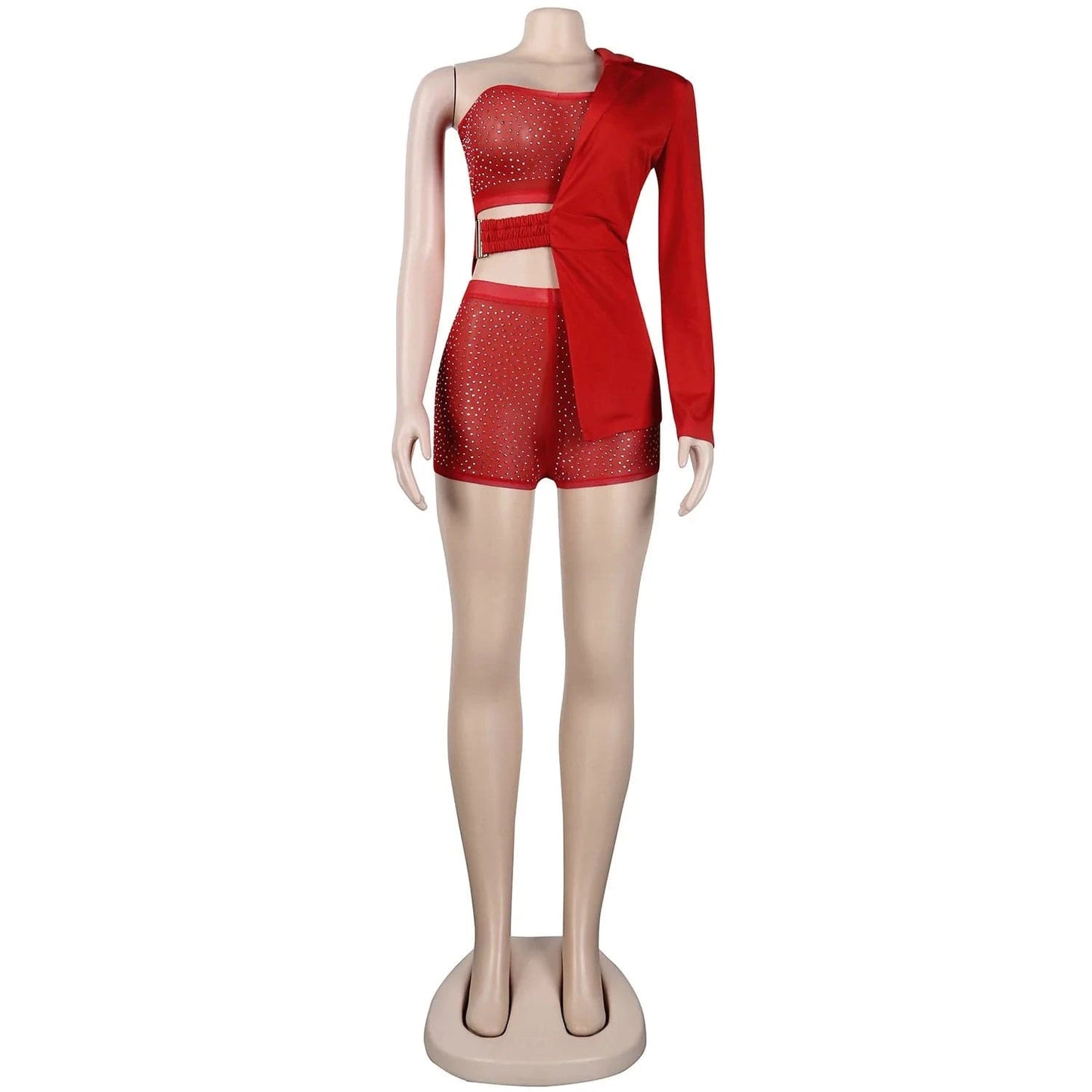 M / Red Fashion Women 3 Piece Set Shiny Rhinestone Tube Top + Mesh Shorts + Half Solid Color Jacket Sexy Lady Club Wear