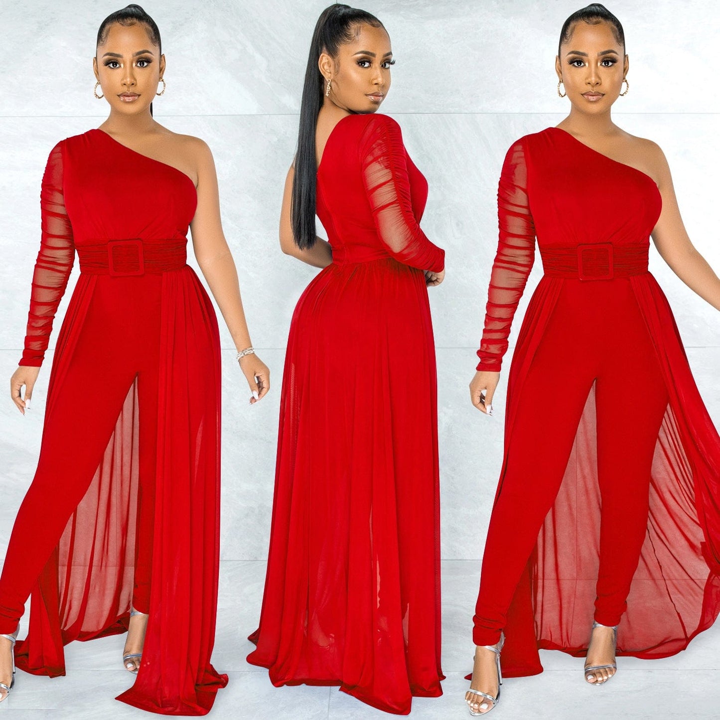 M / Red Fashion women's solid color sexy mesh gauze perspective single shoulder diagonal collar long sleeve ladies pant jumpsuit women