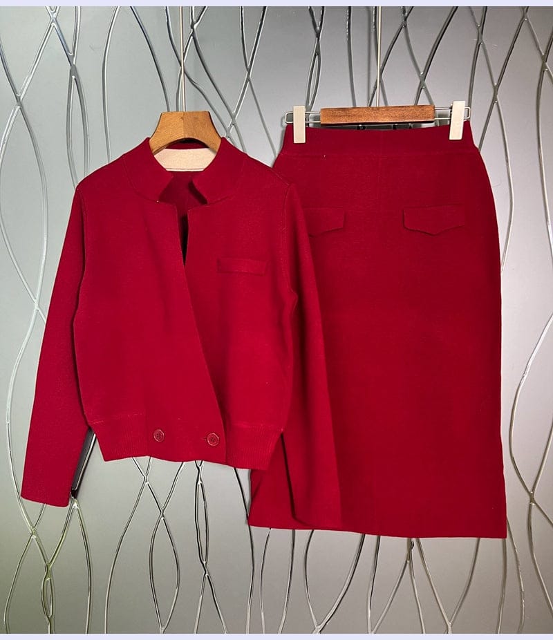 M / Red High Quality Sweater Sets 2023 Spring Autumn Casual 2 Piece Set Women Knitted Cardigans+Mid-Calf Knitting Skirt Sets Khaki Black