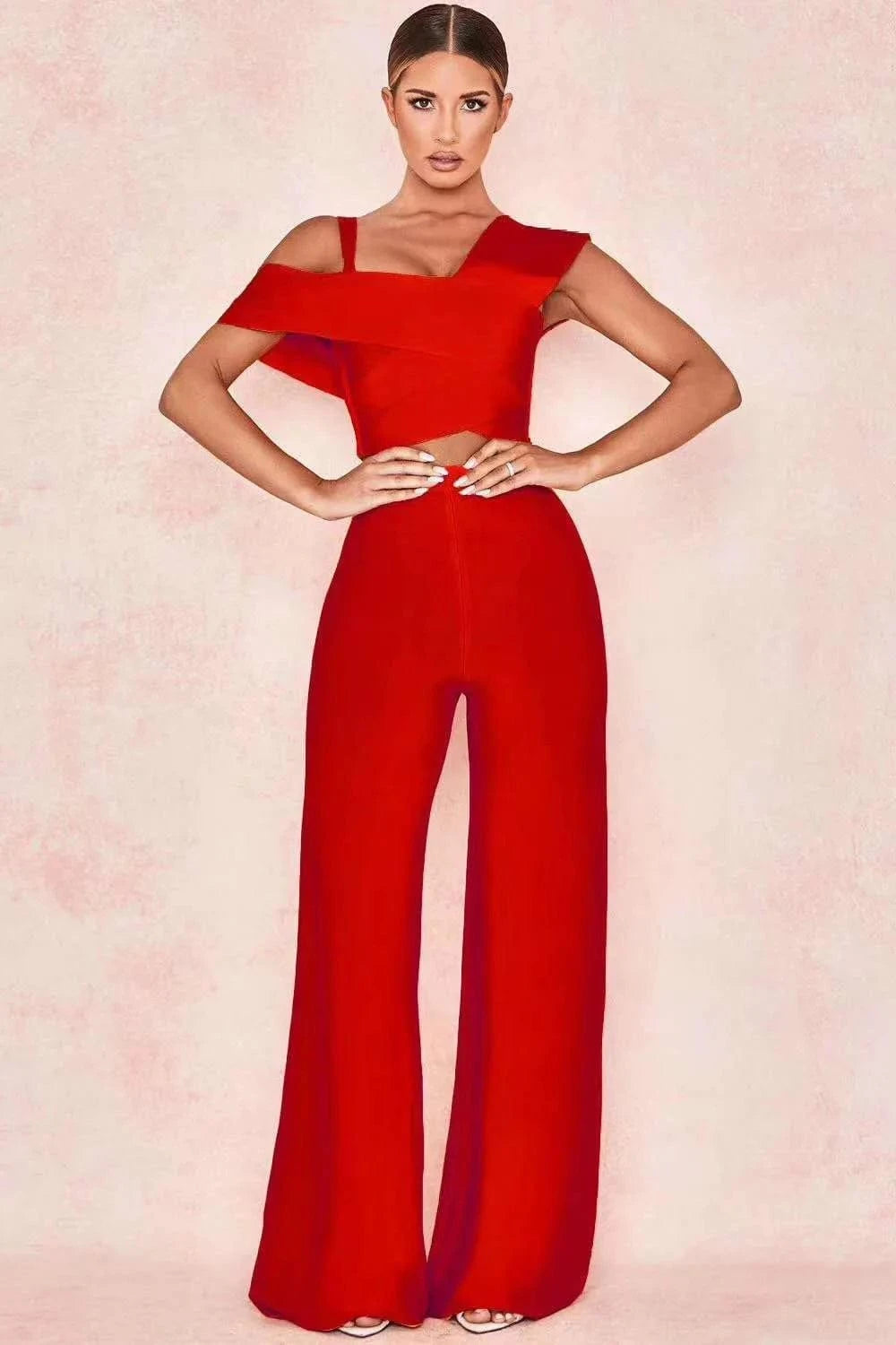 M / Red Hot sale Ladies blouse and wide leg suit bandage two piece set