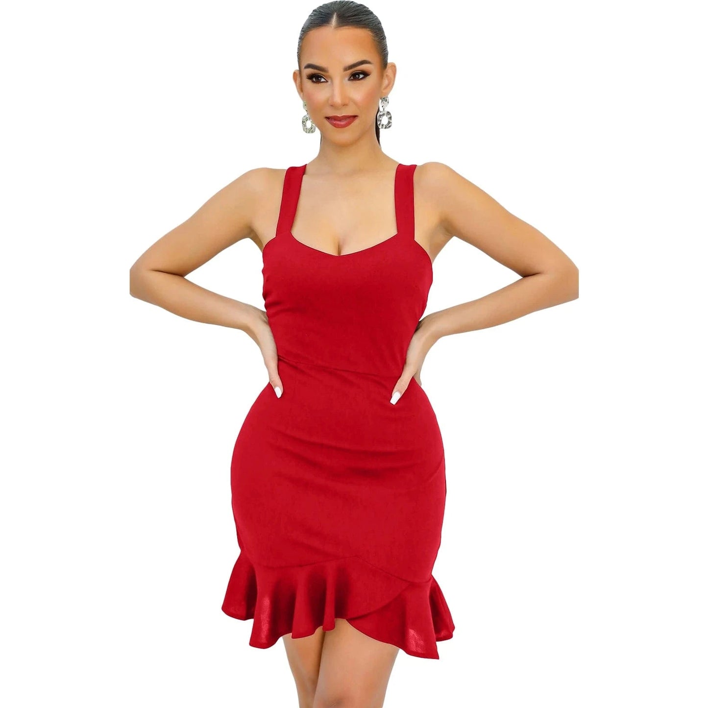 M / Red L28707 Fashion Solid Color Straps Ruffle Bodycon Dress