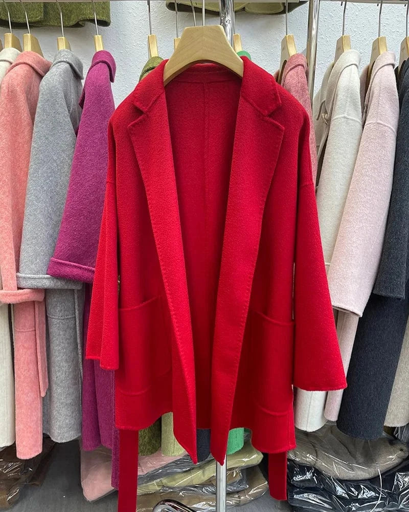 M / Red Luxury Double Sided 100% Wool Coats Custom Design Water Ripple Wool Cashmere Coat for Women