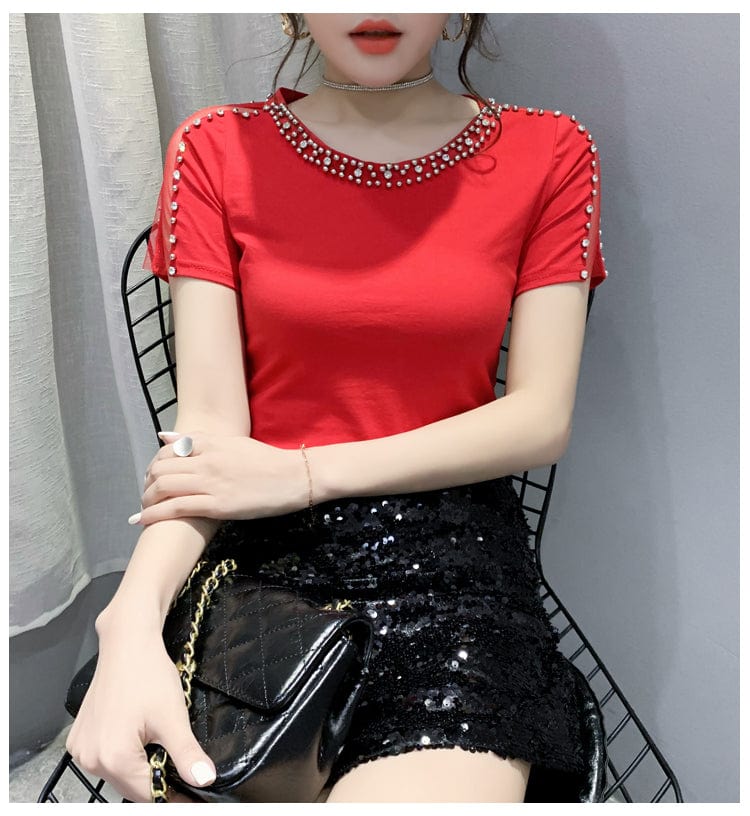 M / Red New 2022 T-Shirt Women Handmade Diamonds Beading Mesh Patchwork On Sleeve Women Tops Tees Short Sleeve Summer T25503