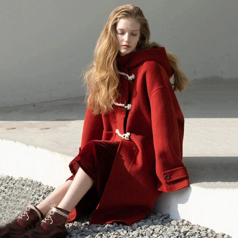 M / Red New Arrival Fashion Autumn Winter Warm Oversized Hooded Wool Winter Cashmere Coat Women