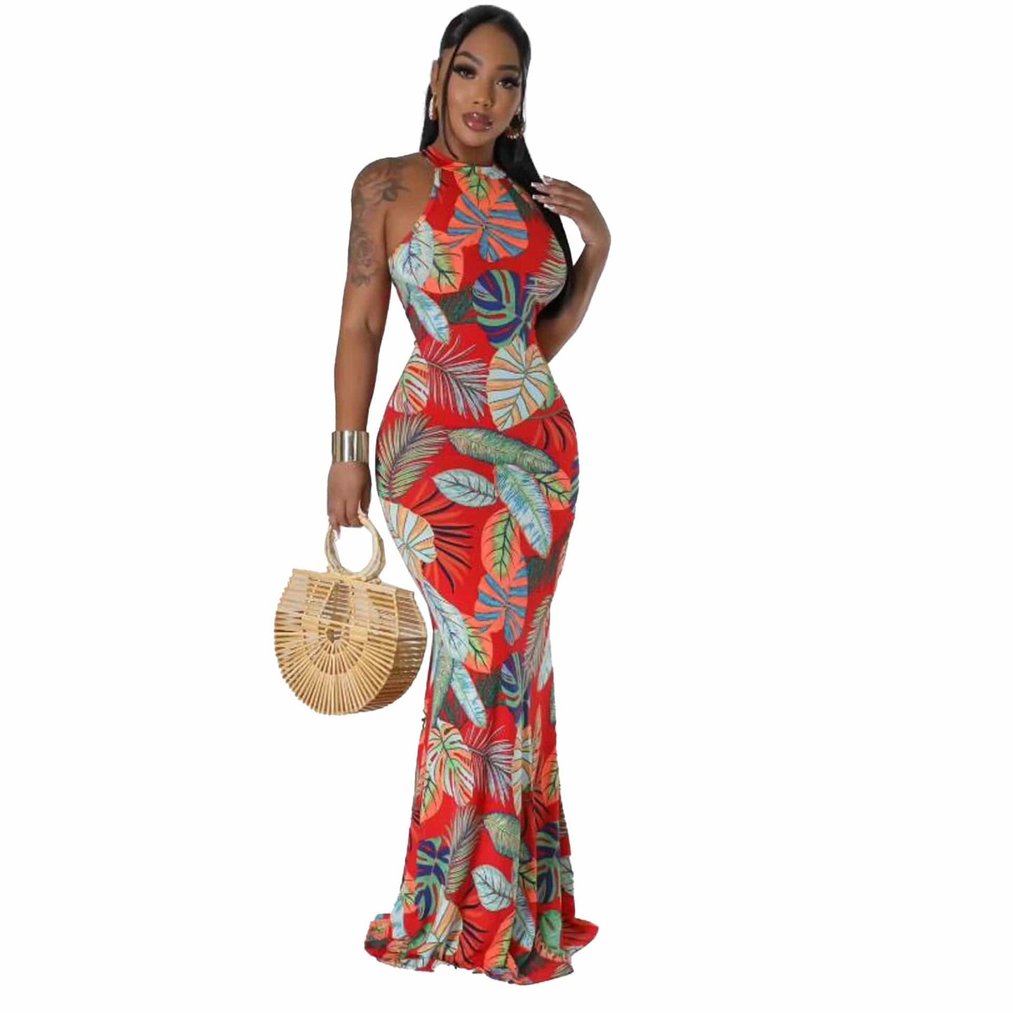 M / Red New print sexy temperament elegant sleeveless round neck tight wrap buttock long skirt mopping dress flower girls' dresses