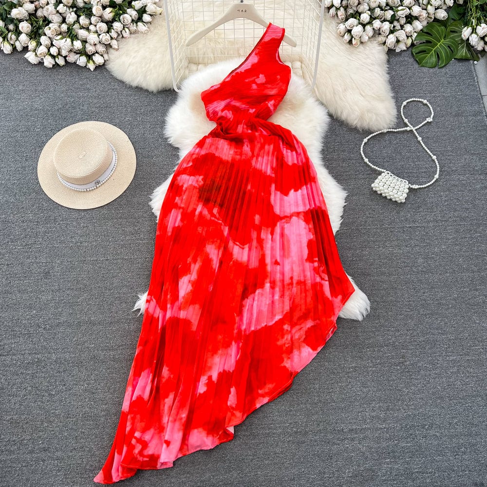 M / Red New Summer Sleeveless Pleated Slant Neck Strapless a-line Irregular Printed Dresses