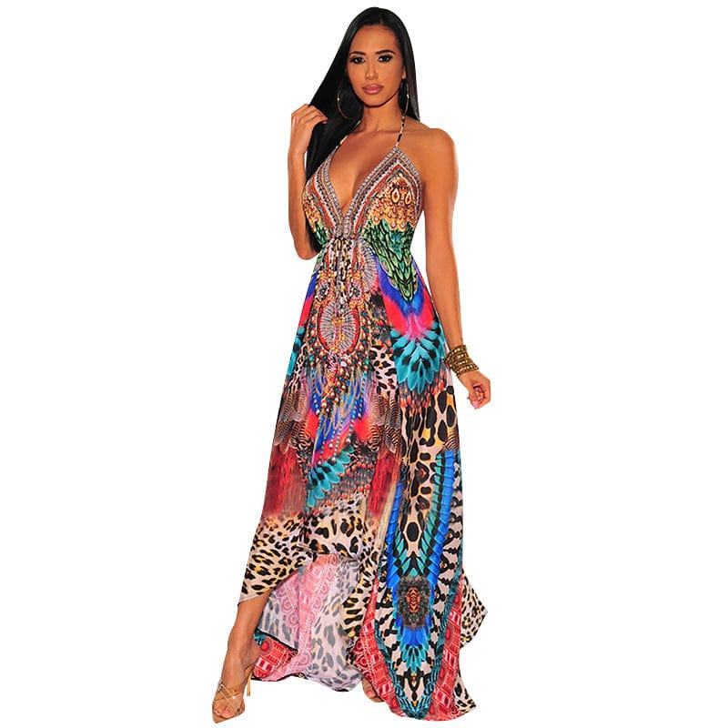 M / Red New summer sleeveless v-neck backless large swing skirt print bling women casual dress