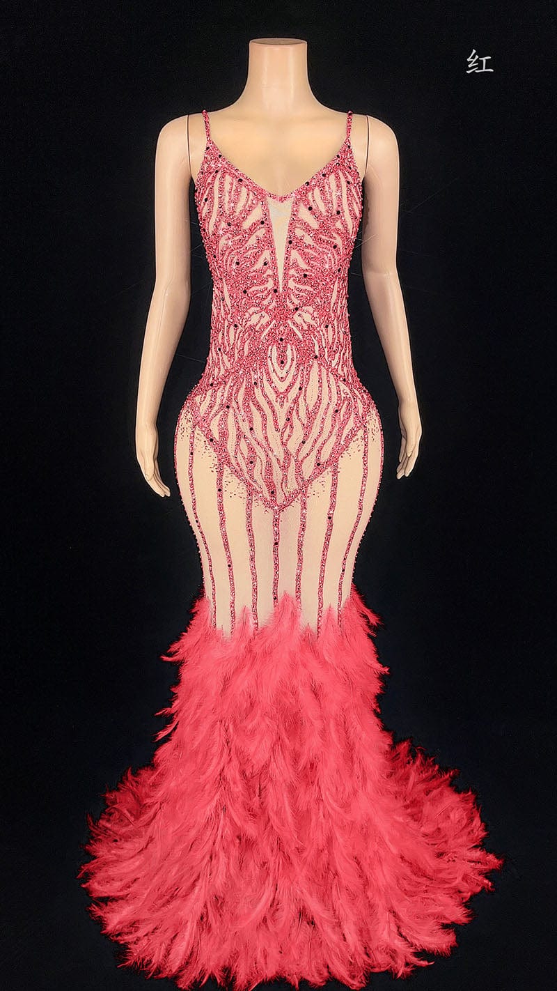 M / Red NOVANCE evening dresses 2023 ball gown shiny diamonds gray feather dress with feathers vestidos elegantes para mujer for evening