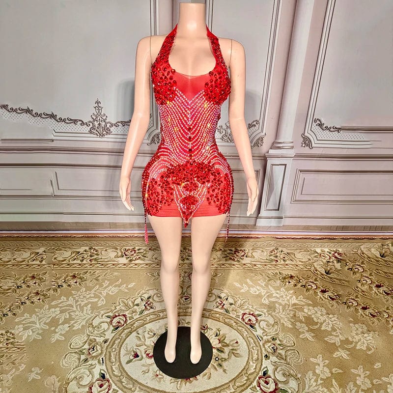 M / Red Novance Y3239 Latest America New Fashion Ladies Fashion Dresses Diamonds Mesh Beaded dresses Luxury High Neck Shirts for Party