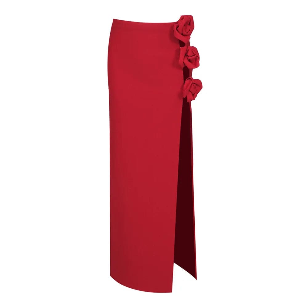 M / Red OUDINA Wholesale Clothing Stretch Red Three-dimensional Flower Skirts High Slit Women's Long Skirt