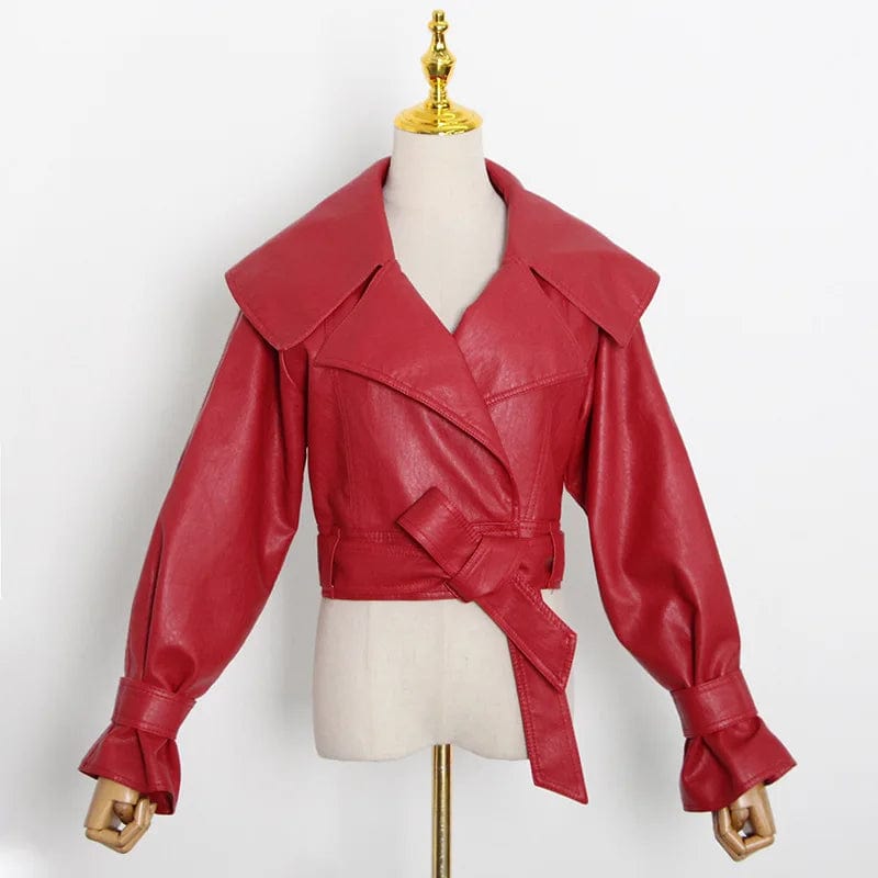 M / Red OUDINA Wholesale New Fashionable Motorcycle Large Lapel Bow Tie Design Short Women's Leather Jacket