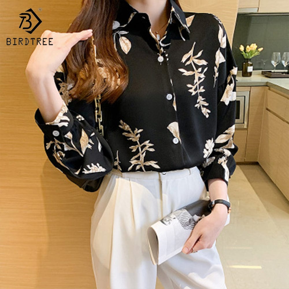 M / Red Ready to Ship Woman's Long Sleeve Floral Printing Shirts Elegant Casual Blouses Workwear Chiffon Shirt Tops For Spring Autumn