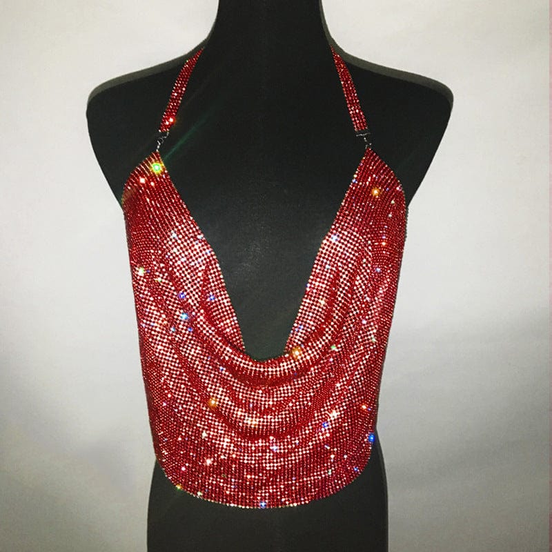 M / Red SHIHAN 2023 New Sexy rhinestones top color chainmail diamond party crystal deep V crop top for fashion festival vest women