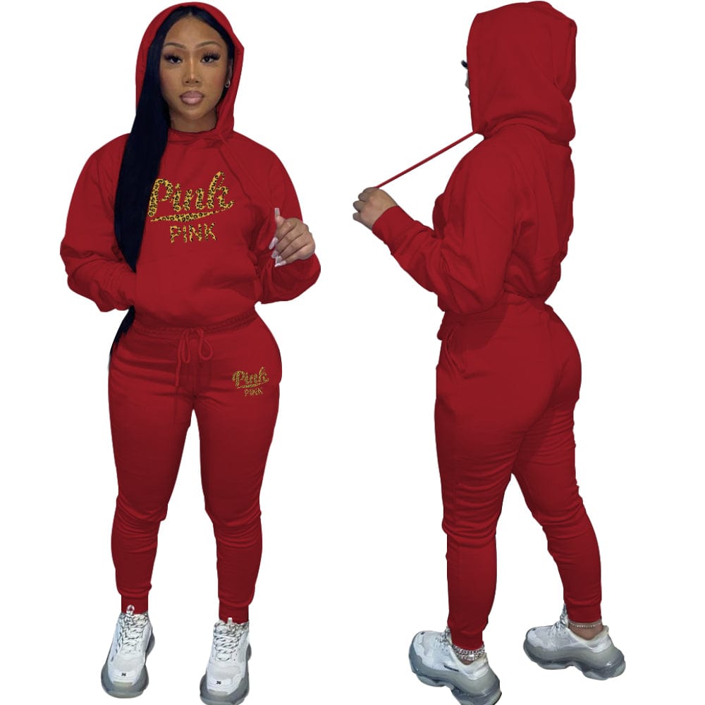 M / Red Trendy Women Clothes Casual Pocketed Printed Drawstring Hooded Collar Long Sleeve Two Pieces