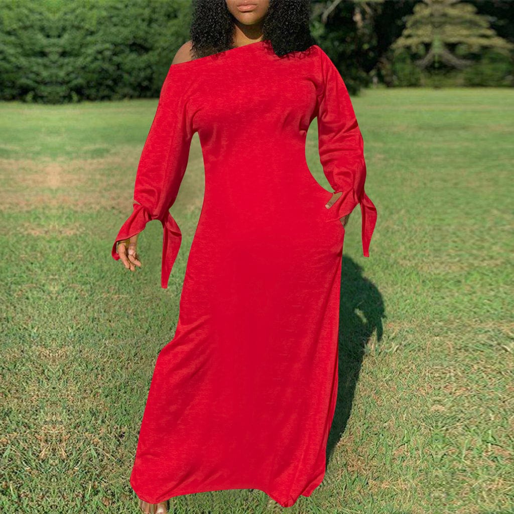 M / Red Trendy Women Clothes New Stylish Women Oblique Shoulder Long Sleeves Solid Casual Long Dress Club