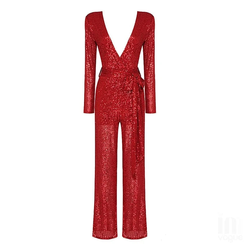 M / Red Women Fashion sexy red sequined deep V long sleeve jumpsuit