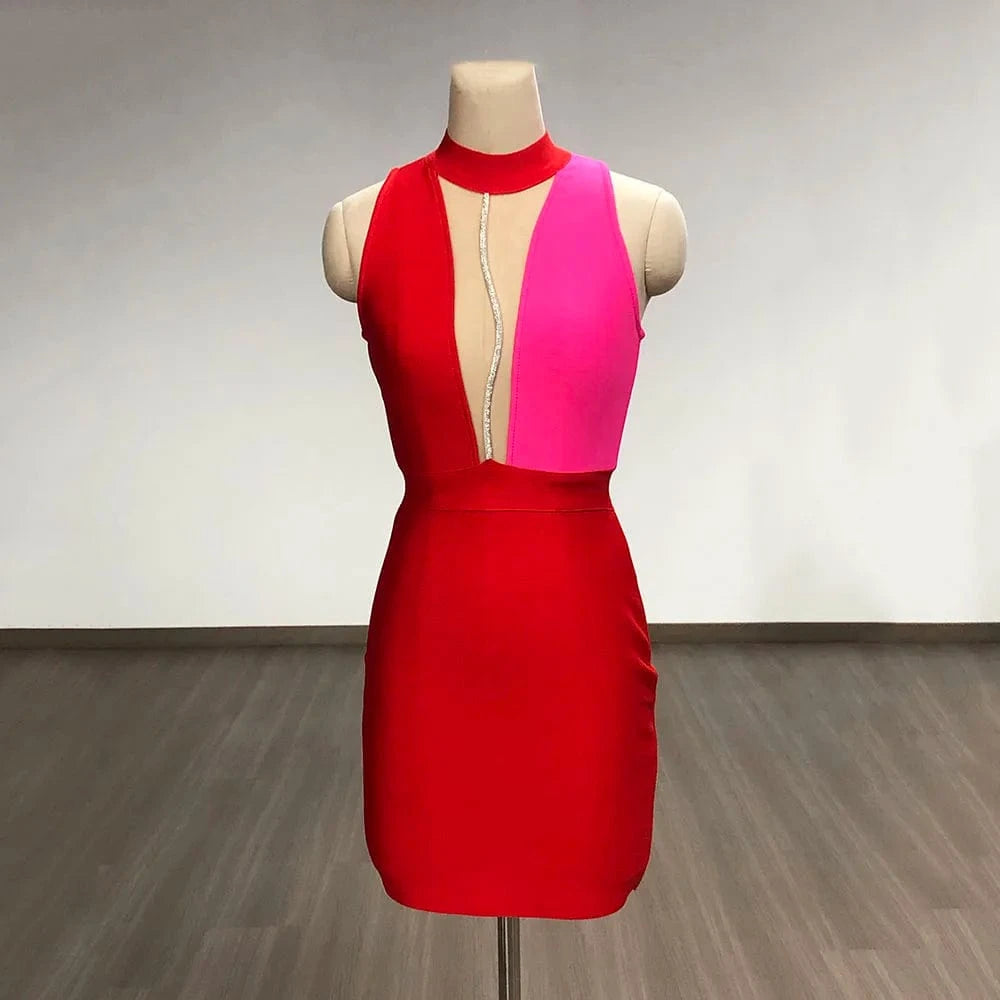 M / Red Women's Red Sexy Elegant sleeveless Hollow Out Mix Color Bandage Evening Dresses