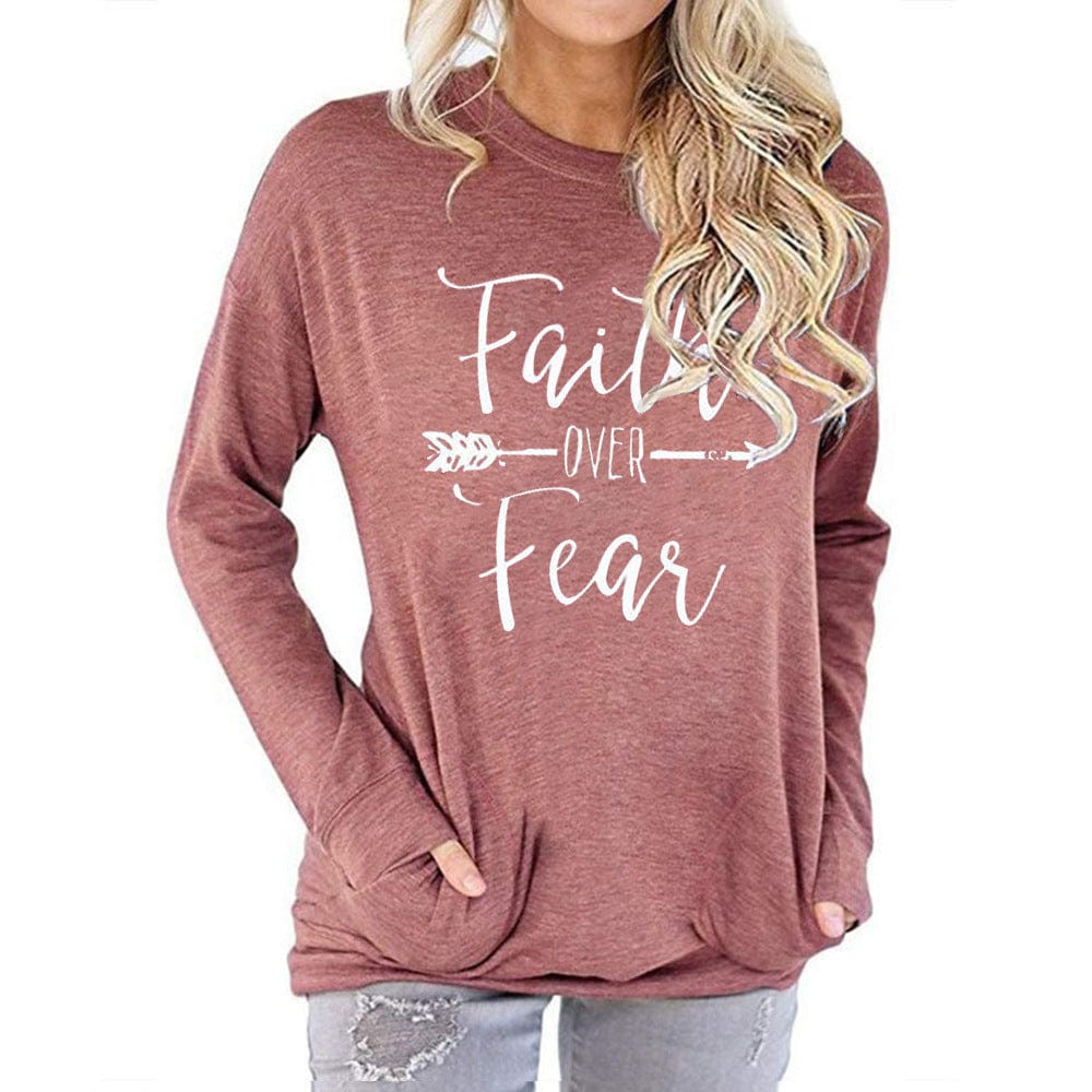 M / Red1 Faith over Fear printed round neck long sleeve t-shirt