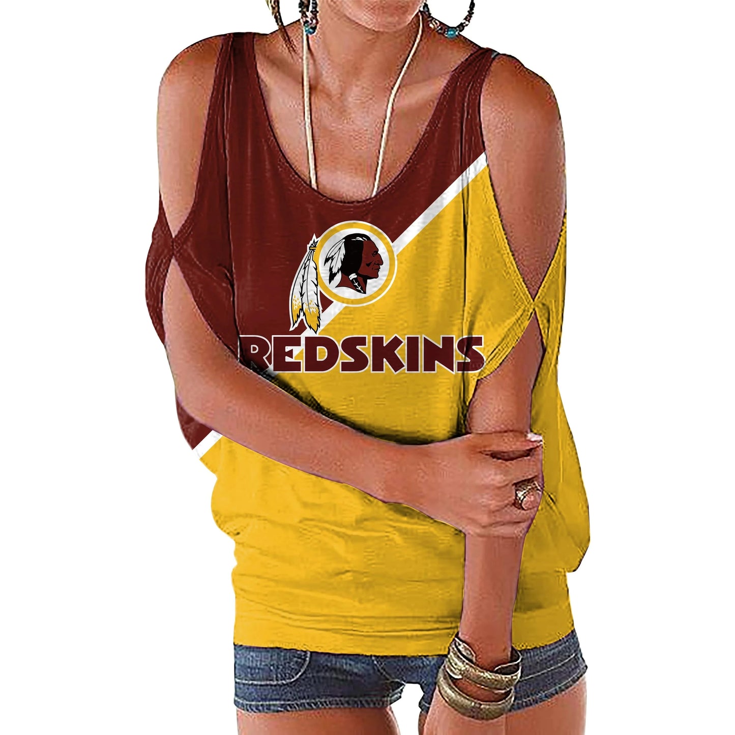 M / Redskins custom nfl polyester t shirt girl o neck short sleeve plain shirts ladies off shoulder plus size women's blouses & shirts