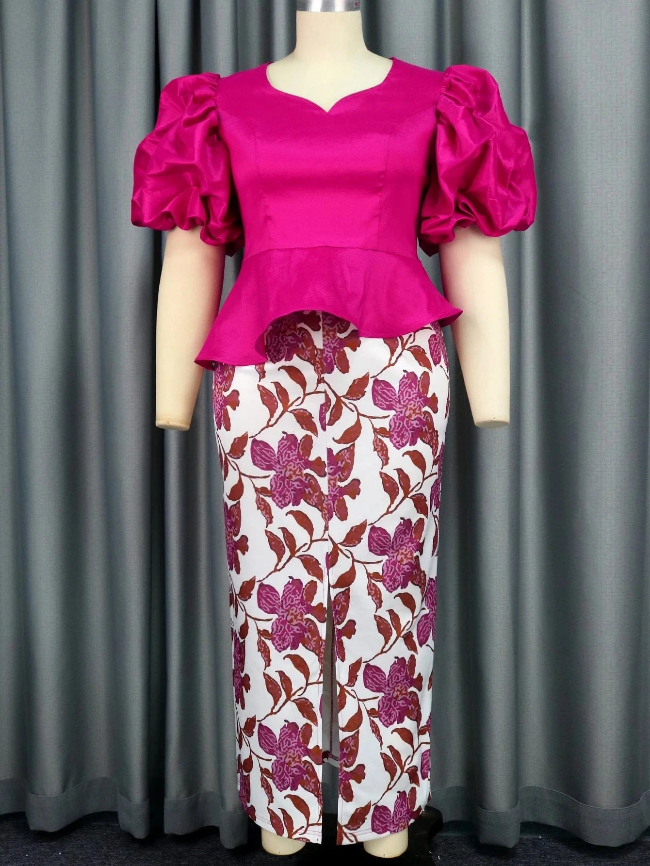 M / Rose AOMEI Printed Slit Skirt Irregular Peplum Tops Office Lady 2 Pieces Set