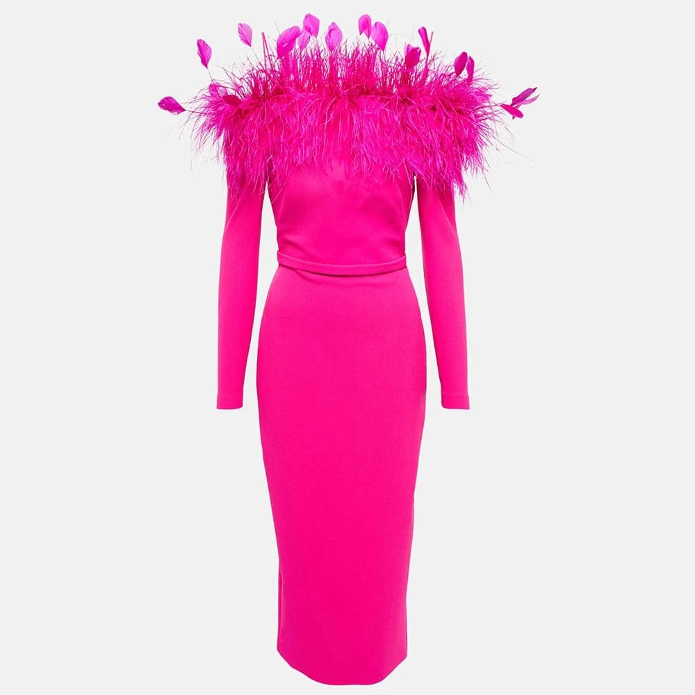 M / rose CHICEVER Fashion Patchwork Feathers Slimming Long Sleeve Dress Long Dresses For Women