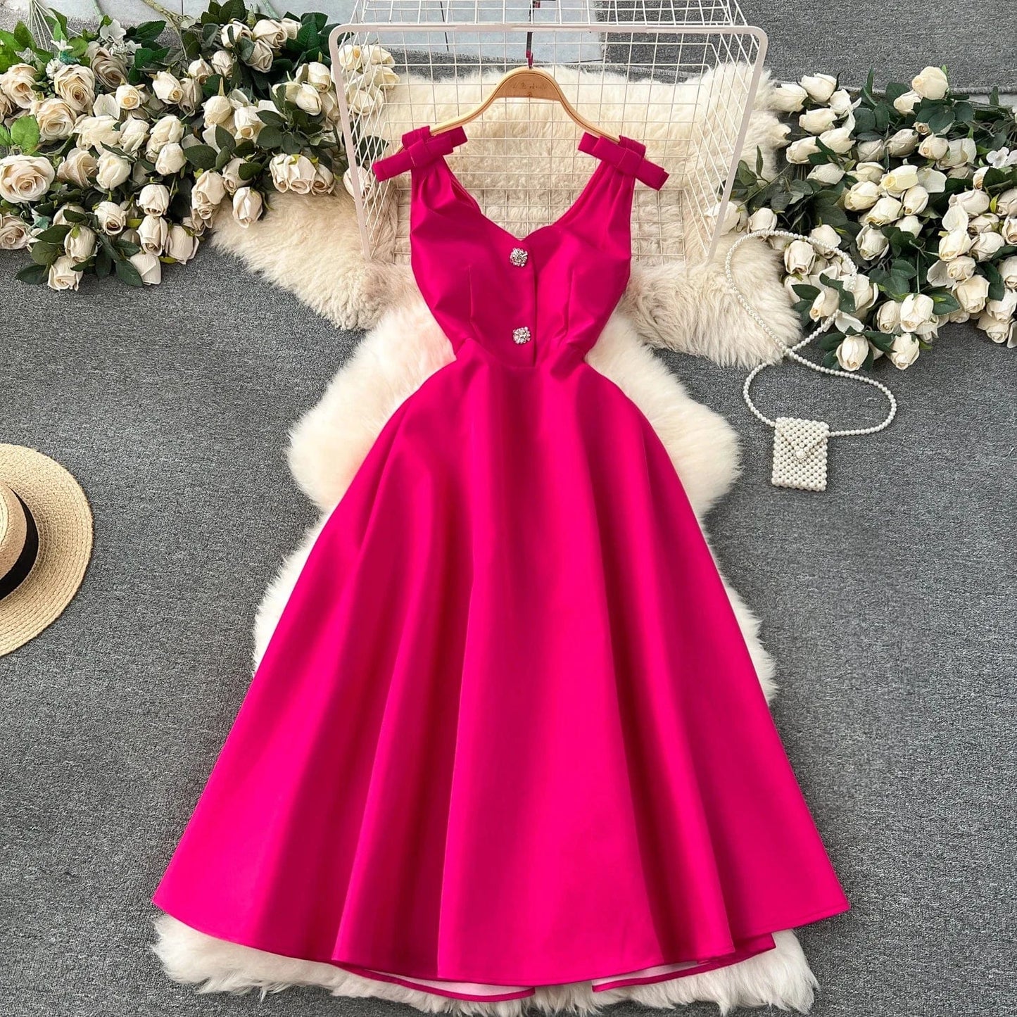M / Rose Madder New Arrival Hepburn Fashion Trendy Bow Diamond V-neck Vestidos Women Elegant Summer Casual Dresses