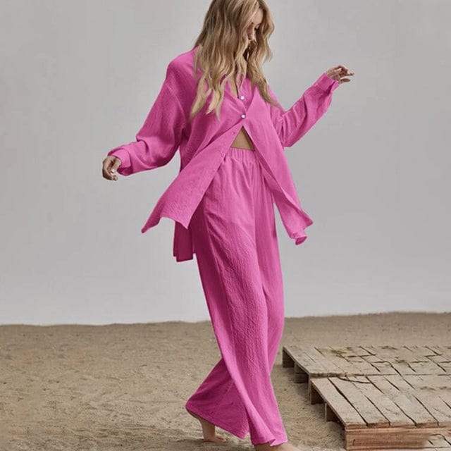 M / Rose pink Elegant Loose Women Shirt Trouser Suits Long Sleeve Lapel Shirts And Elastic High waist Pants 2 Pieces Set Fashion Office Outfit