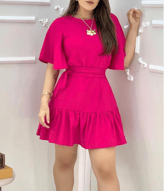 M / Rose Red 2022 Summer Rose Red Waist Belt Short Sleeve Women Casual Mini Dress