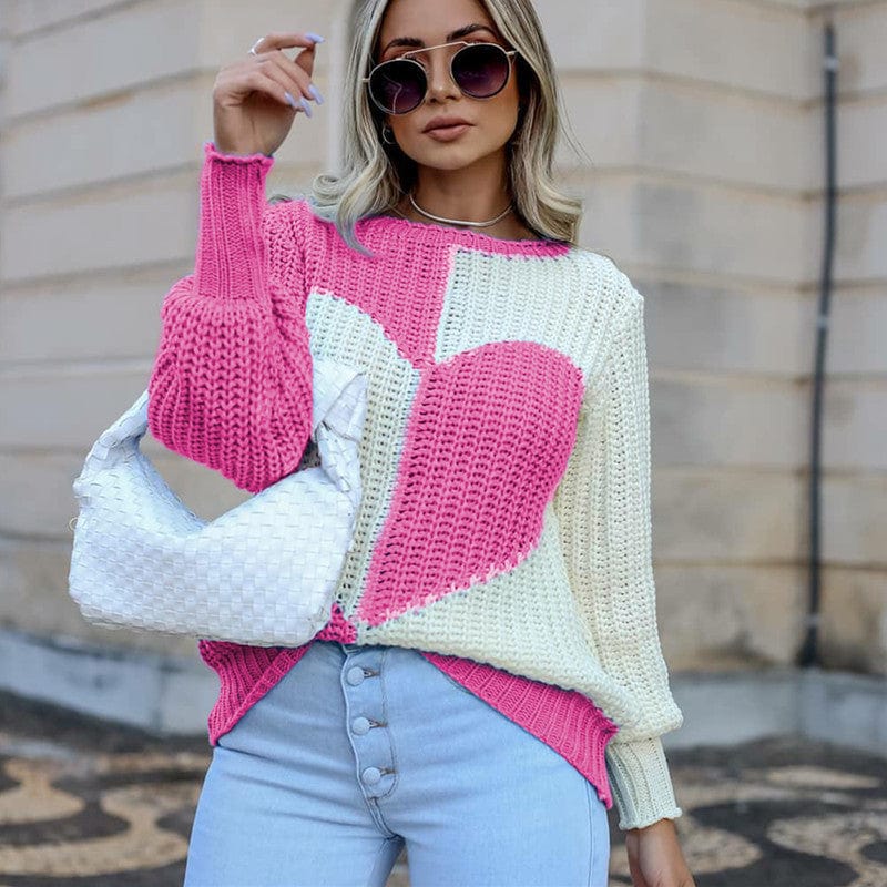 M / Rose Red Autumn And Winter New Round Neck Irregular Pullover Base Women's Elegant Bell Sleeve Love Contrast Color Knitted Sweater