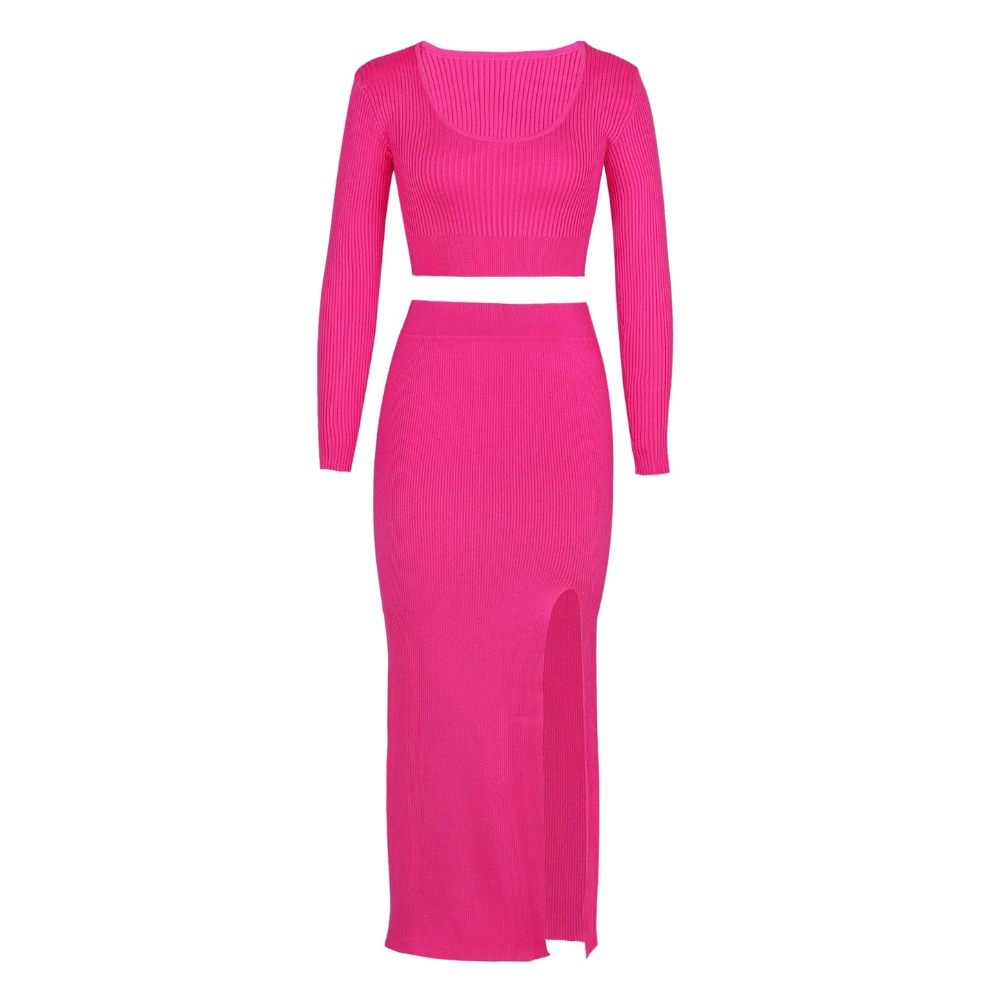M / Rose red Factory women clothing foreign solid color long-sleeved sweater knitting fashion sexy split long skirt 2 pieces women set