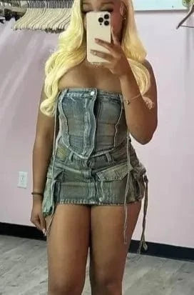 M / set higher quality 2024  female women clothes green vintage two piece jeans denim skirt set