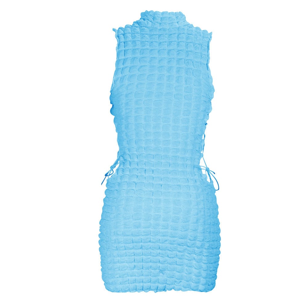 M / short - blue Fashion Round Neck Sleeveless Sexy Short Skirt Side Tie Hollow Long Dress women Slim Hips Bodycon  Dress