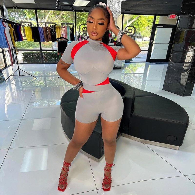 M / Silver 2022 Summer Contrast Color Yoga Set Sportswear Quick Drying Sports Clothes Round Neck Skinny Casual Sports Playsuit