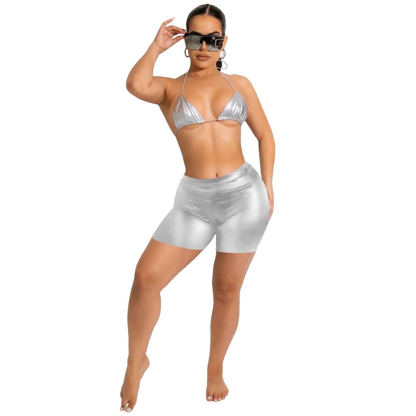 M / silver D0314TA54 Explosive Models Party Bodycon Solid Color Bodycon Sexy Halter Crop Top And Short Pant Set Women Sehe Fashion
