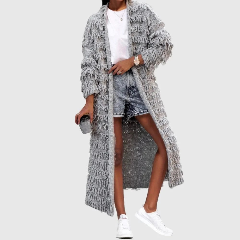 M / silver D1211TA06  New Trendy Solid Color Long Sleeve  Knitted Tassel Sweater Women Cardigan Sehe Fashion