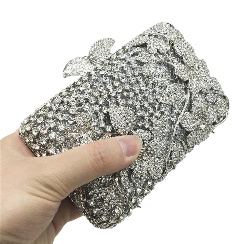 M / silver Dazzling Women Silver Flower Hollow Out Crystal Evening Metal Clutches Small Minaudiere Handbag Purse Wedding Box Clutch Bag