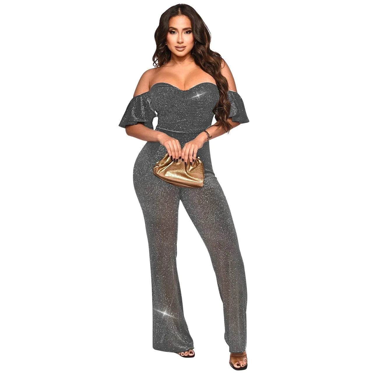 M / silver European and American women's clothing 2024 new bright silk fabric fashion temperament sexy nightclub style jumpsuit