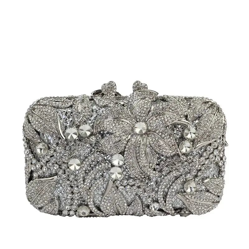 M / silver Flower Luxury Evening Bling Purses Handbag Floral Crystal Clutch Purse Rhinestone Handmade Ladies Diamond Bag