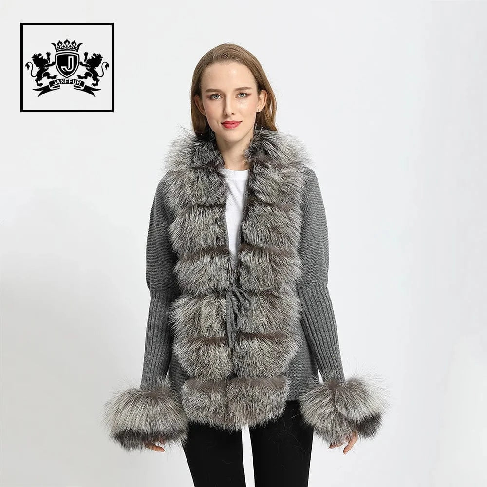 M / Silver fox fur Wholesale Ladies Autumn Winter Knitted Fox Fur Trim Wool Fur Sweater
