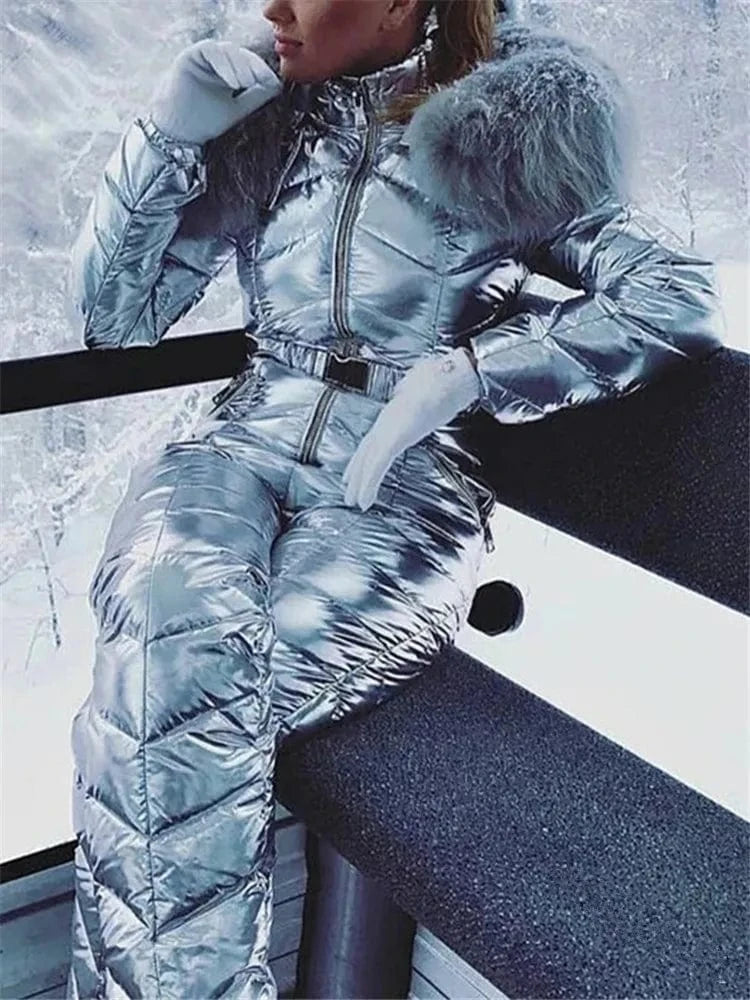 M / silver Fur Hooded Ski Jumpsuit Women Winter Long Sleeve Cotton Padded Coat Slim Fit Quilted Parka Zip Up One Piece Snowsuit