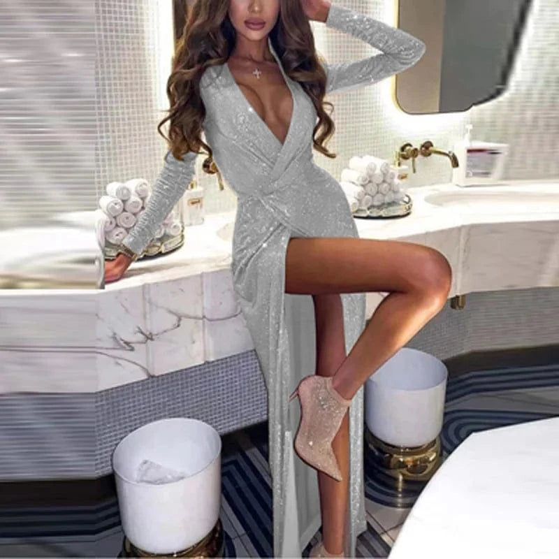 M / silver High Slit Shiny Sequin Dress Women Sexy V Neck Robe Club Party Dress Spring Autumn Hollow Out Slim Long Draped Dresses