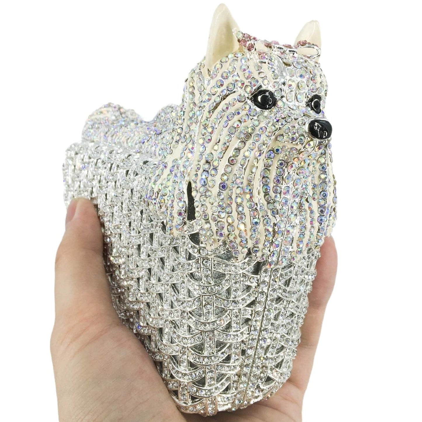 M / silver Luxury Basket Dog Crystal Rhinestone Party Clutch Evening Bag Metal Frame Diamond Clutches Handbag Party Purse