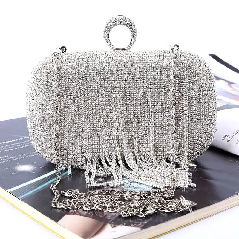 M / silver New Designer Bling Rhinestone Fringe Evening Purse Clutch White Pearl Evening Clutch Bridal Purses Girls Clutch Evening Bag