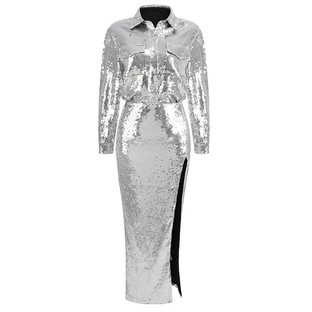 M / silver SR2289 New Arrivals Two Piece Skirt Set Long Sleeve Two Pieces Sexy Set Sequin Luxury Clothes With High Slit