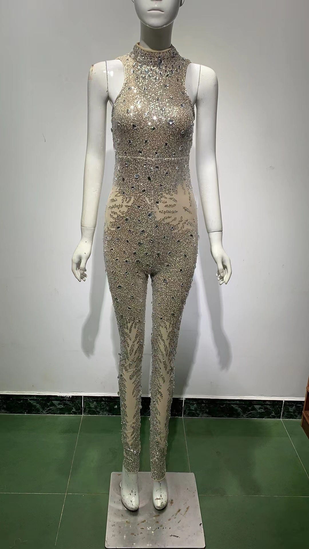 M / silver Top Quality Backless Sequins Beading One Piece Jumpsuits Evening Party Jumpsuits