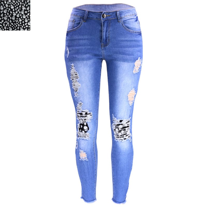 M / Skull -Light Blue 9136 New fashion spring fall 2023 women clothes casual floral patches ladies denim trousers ripped jeans legging women's jeans
