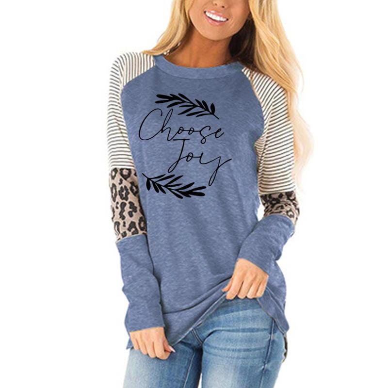 M / Sky Blue Autumn Winter Leopard stitching long sleeves high quality hotsell women loose casual blouse oversized Women's T-Shirts