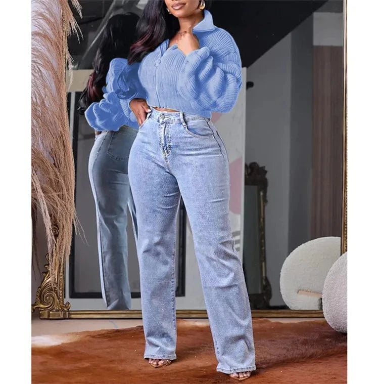 M / Sky Blue Female Lotus Lantern Long Sleeves Cardigans Zip Up Sweaters Knit Coats Woman